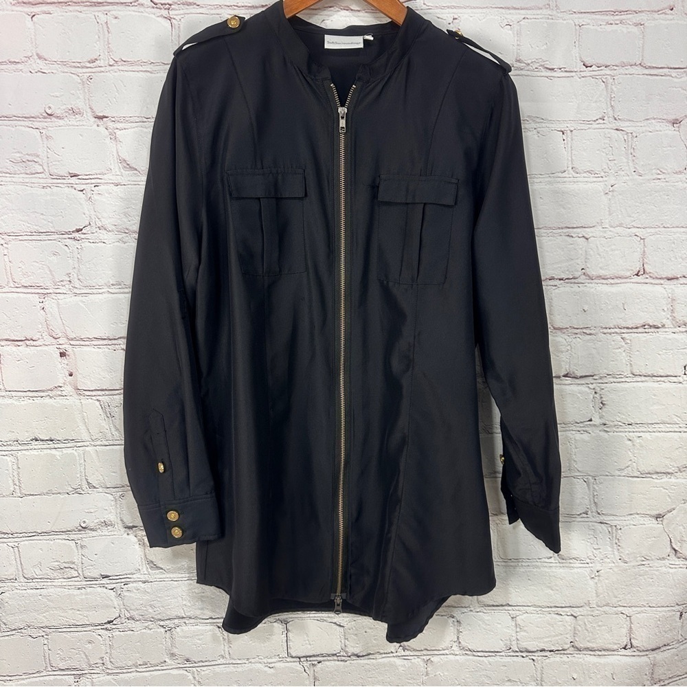 Soft Surroundings black tunic shirt blouse size large long length gold zipper - Picture 7 of 14